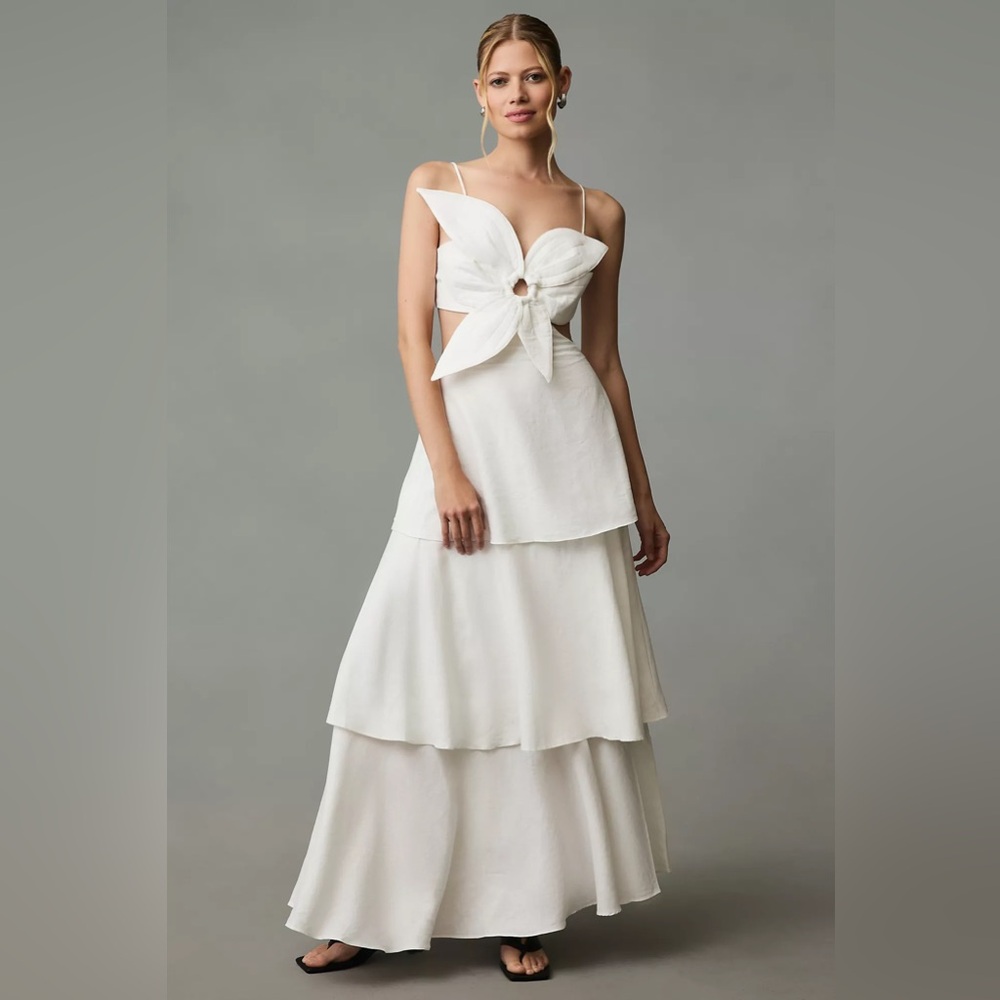 FARM Rio White Tiered Maxi Dress with Sculpted Floral Bodice - Picture 1 of 6